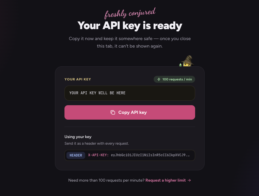 Your API key is ready page