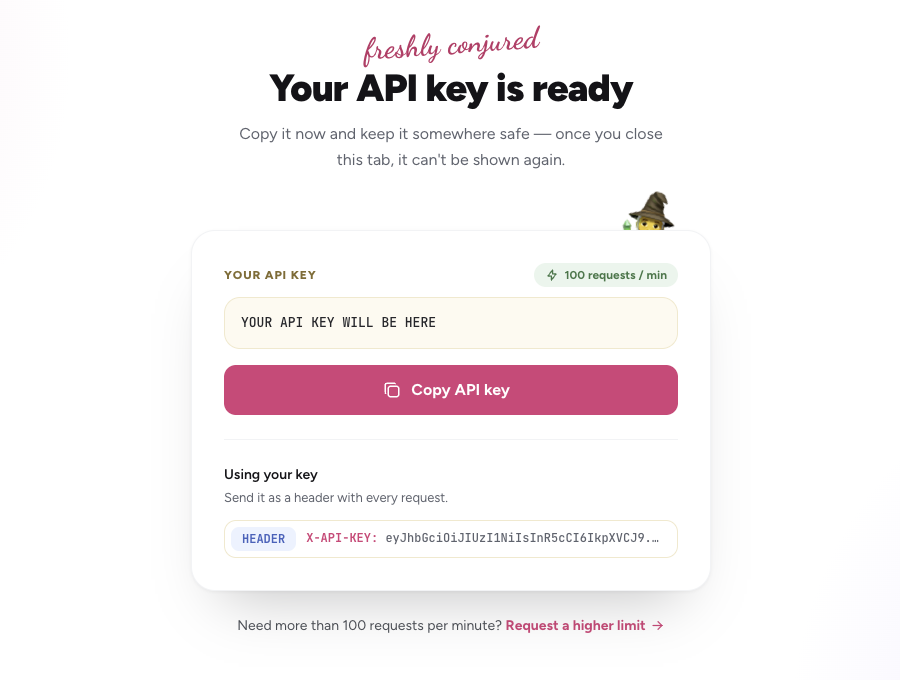 Your API key is ready page